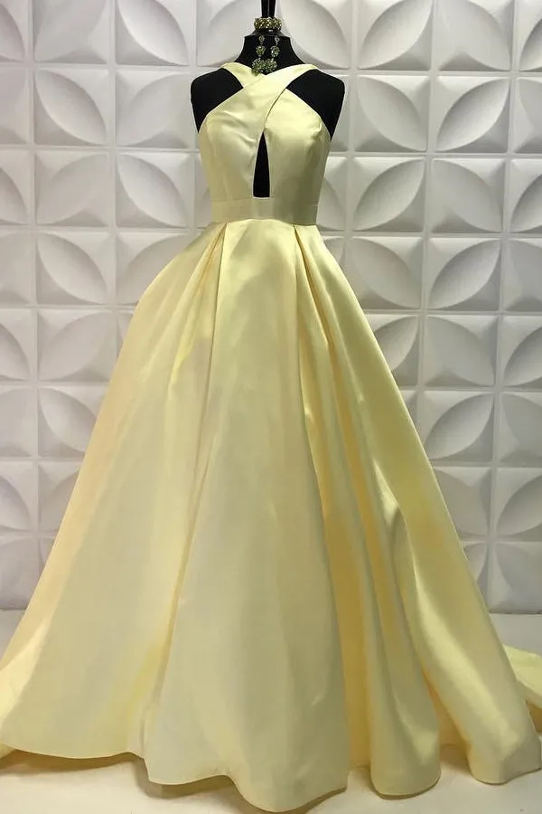 A-Line Cross Neck Sweep Train Keyhole Open Back Yellow Satin Prom Dress AHC511