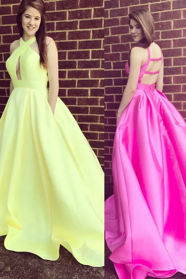A-Line Cross Neck Sweep Train Keyhole Open Back Yellow Satin Prom Dress AHC511