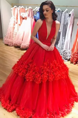 A-Line Deep V-Neck Red Tulle Sleeveless Prom Dress with Flowers Ruffles LRA259