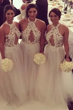 A-Line Halter Floor-Length Keyhole Ivory Tulle Bridesmaid Dress with Lace AHC629