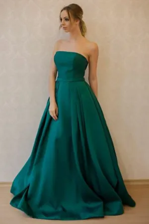 A-Line Strapless Sweep Train Dark Green Satin Sleeveless Bowknot Prom Dress LR363