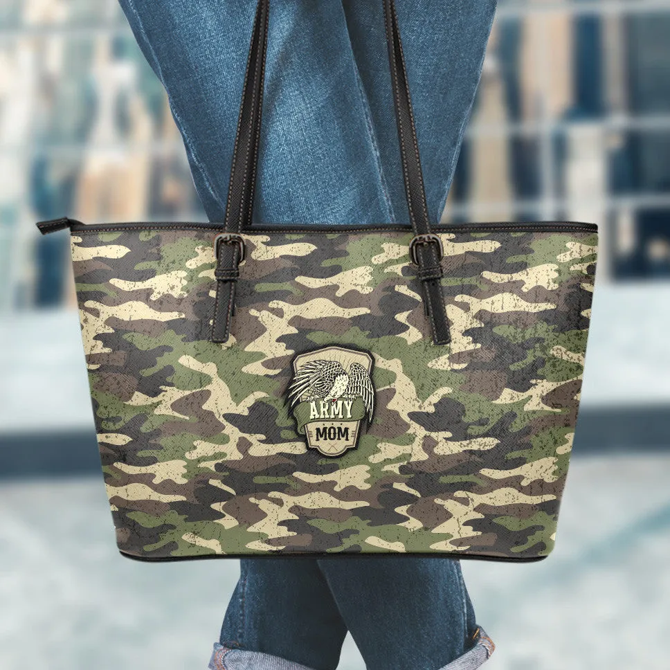 Army Mom Camouflage Small Leather Tote Bag