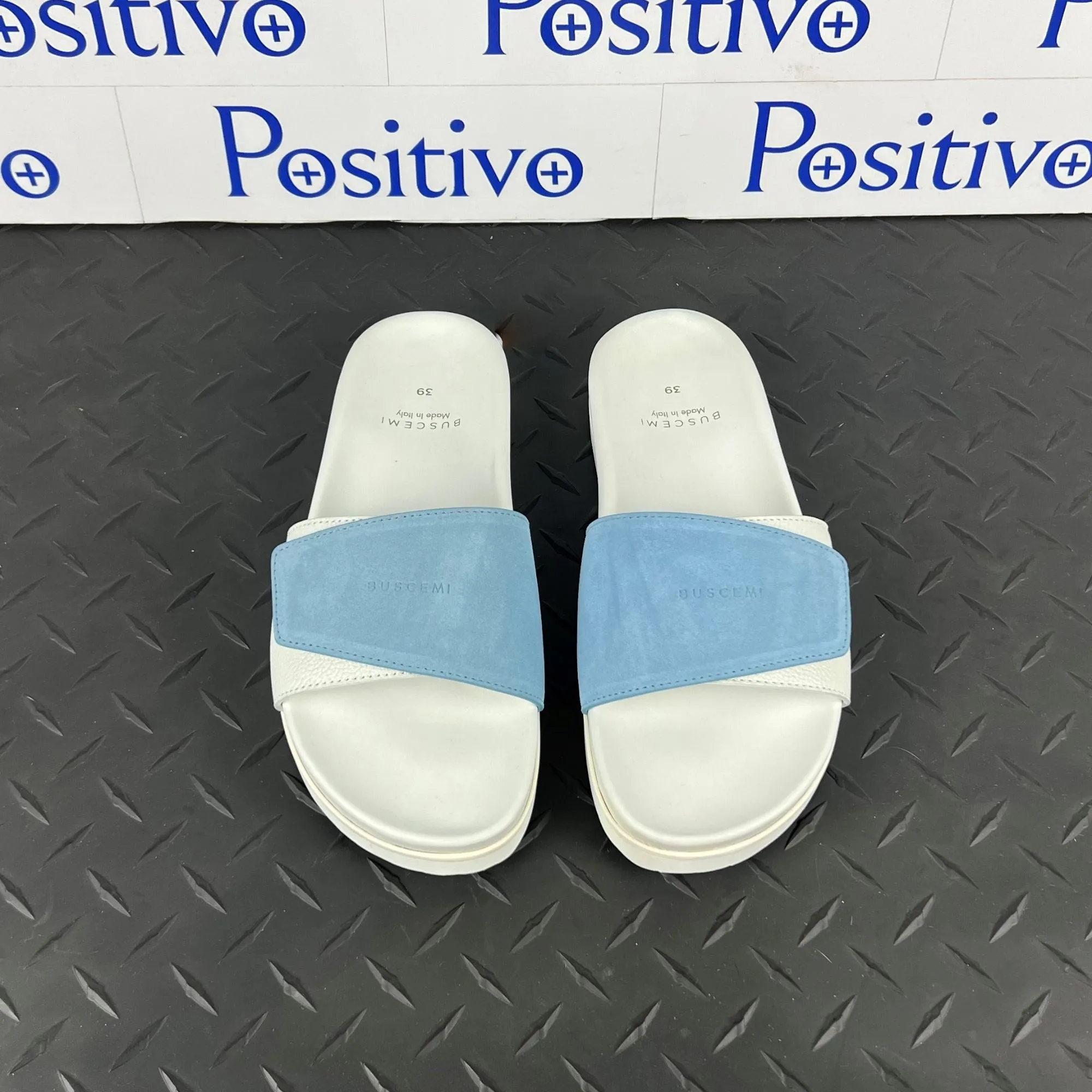 Buscemi Womens Slide Scratch White/Cielo Leather Sandals SAMPLE