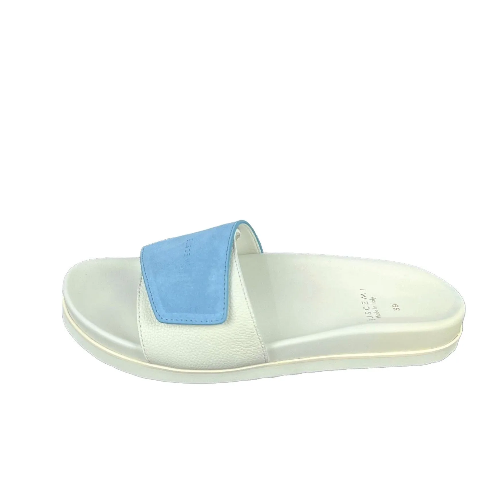 Buscemi Womens Slide Scratch White/Cielo Leather Sandals SAMPLE