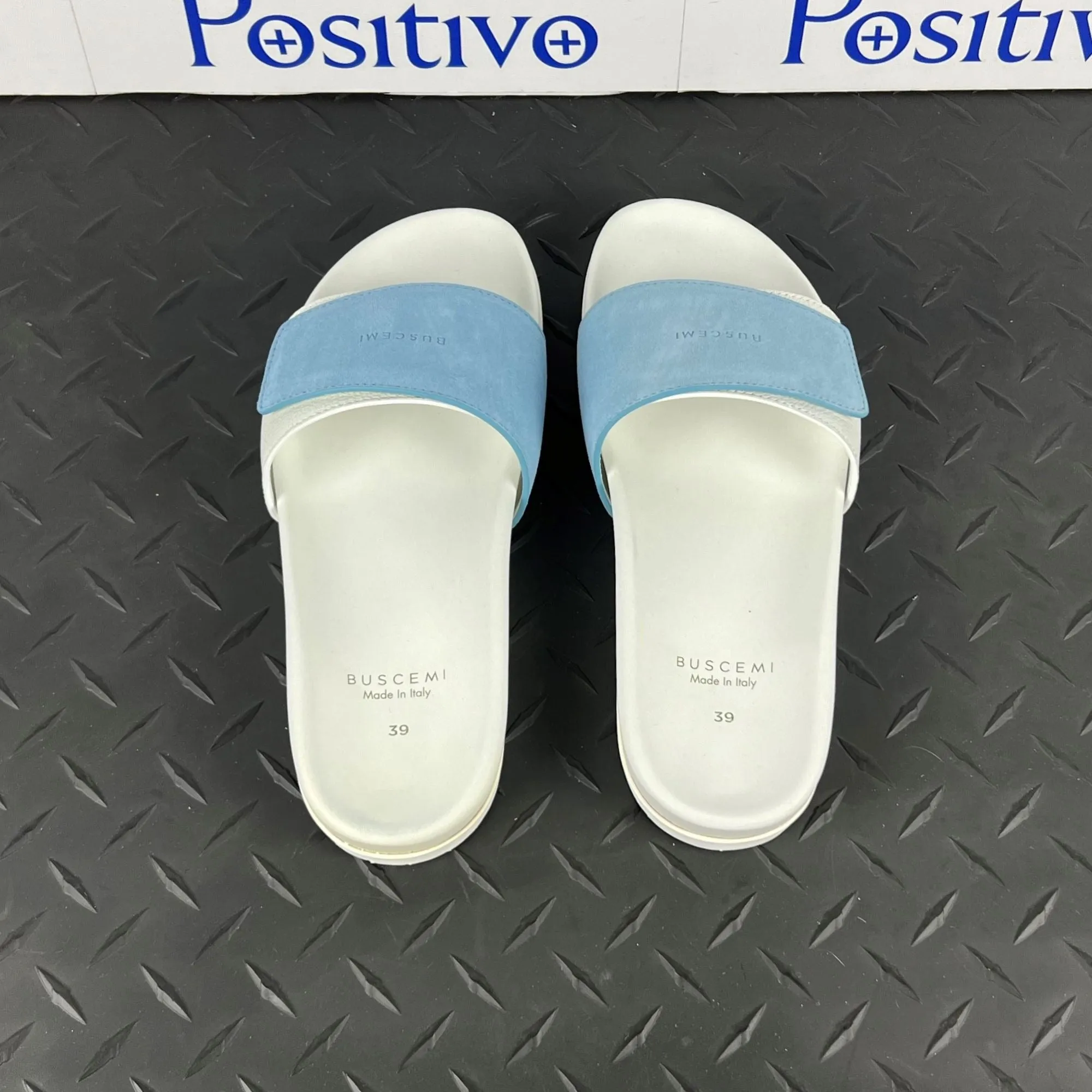 Buscemi Womens Slide Scratch White/Cielo Leather Sandals SAMPLE