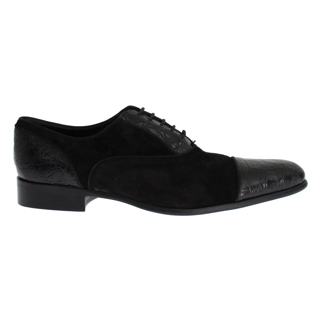 Dolce & Gabbana Black Caiman Crocodile Velvet Dress Shoes