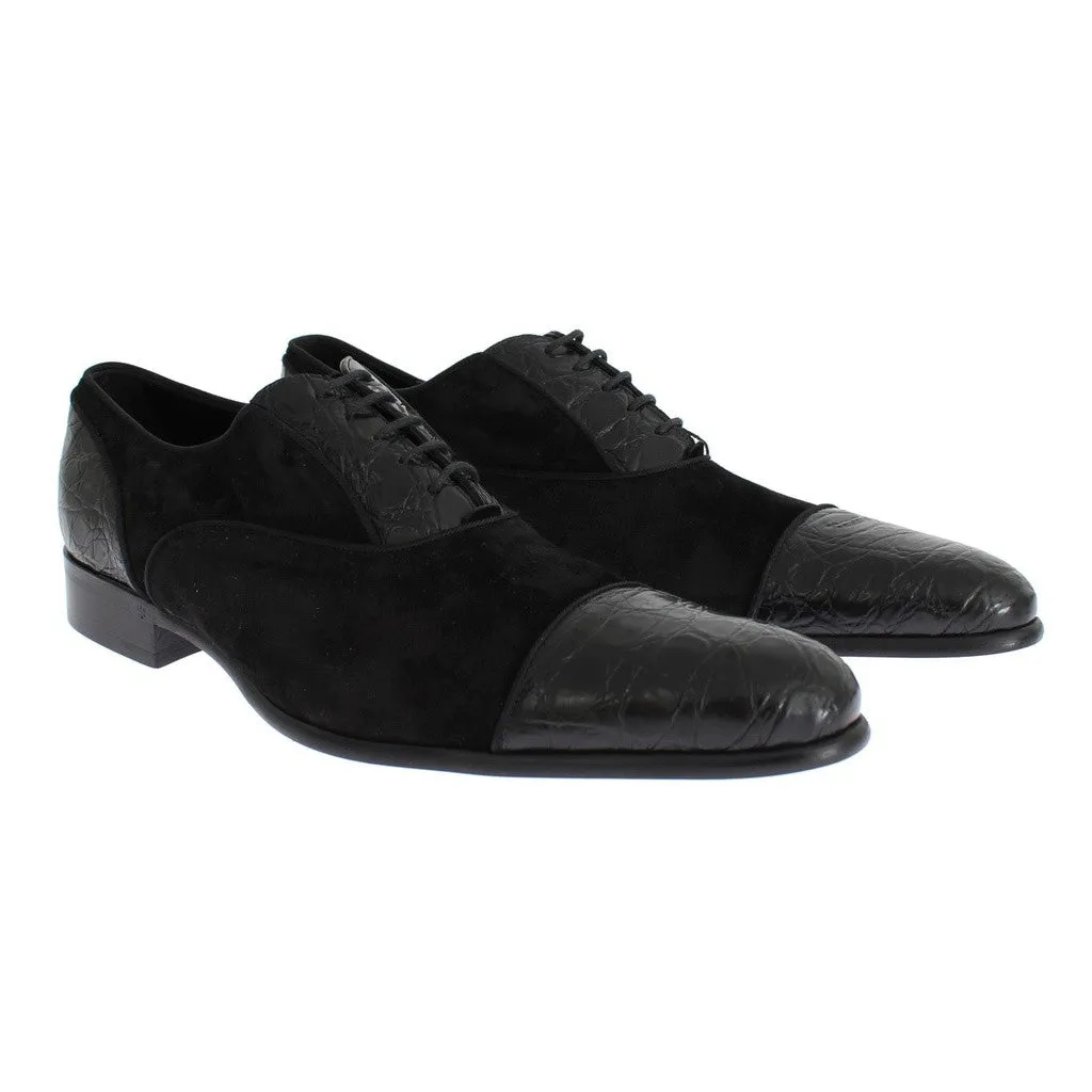 Dolce & Gabbana Black Caiman Crocodile Velvet Dress Shoes