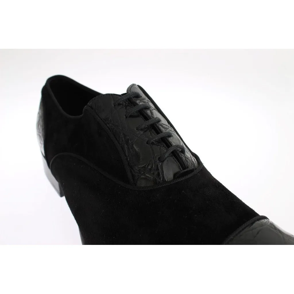 Dolce & Gabbana Black Caiman Crocodile Velvet Dress Shoes