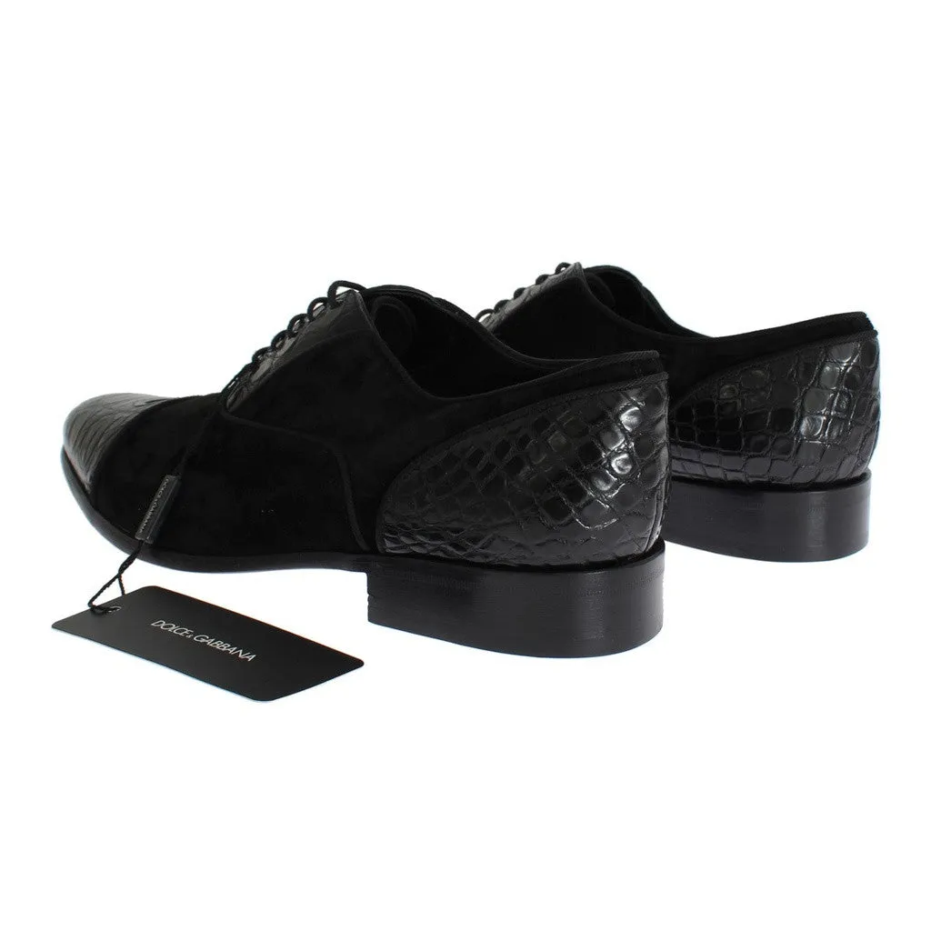 Dolce & Gabbana Black Caiman Crocodile Velvet Dress Shoes