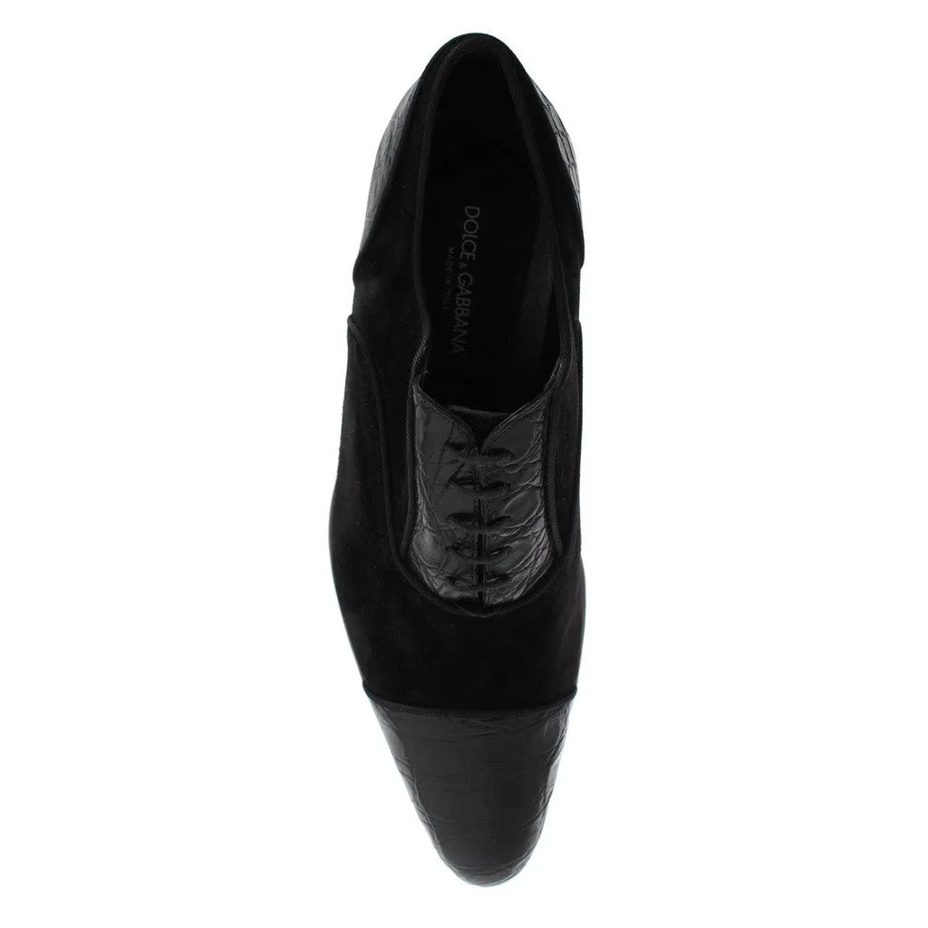 Dolce & Gabbana Black Caiman Crocodile Velvet Dress Shoes