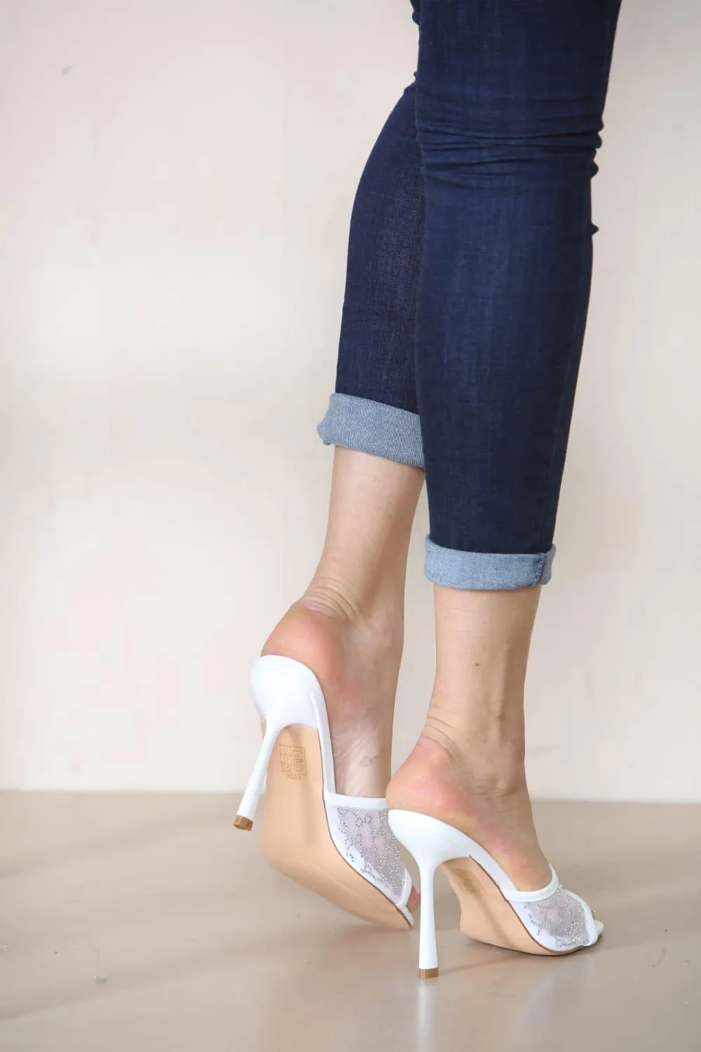 Elegant Lace Mesh Stiletto Heels -Beige