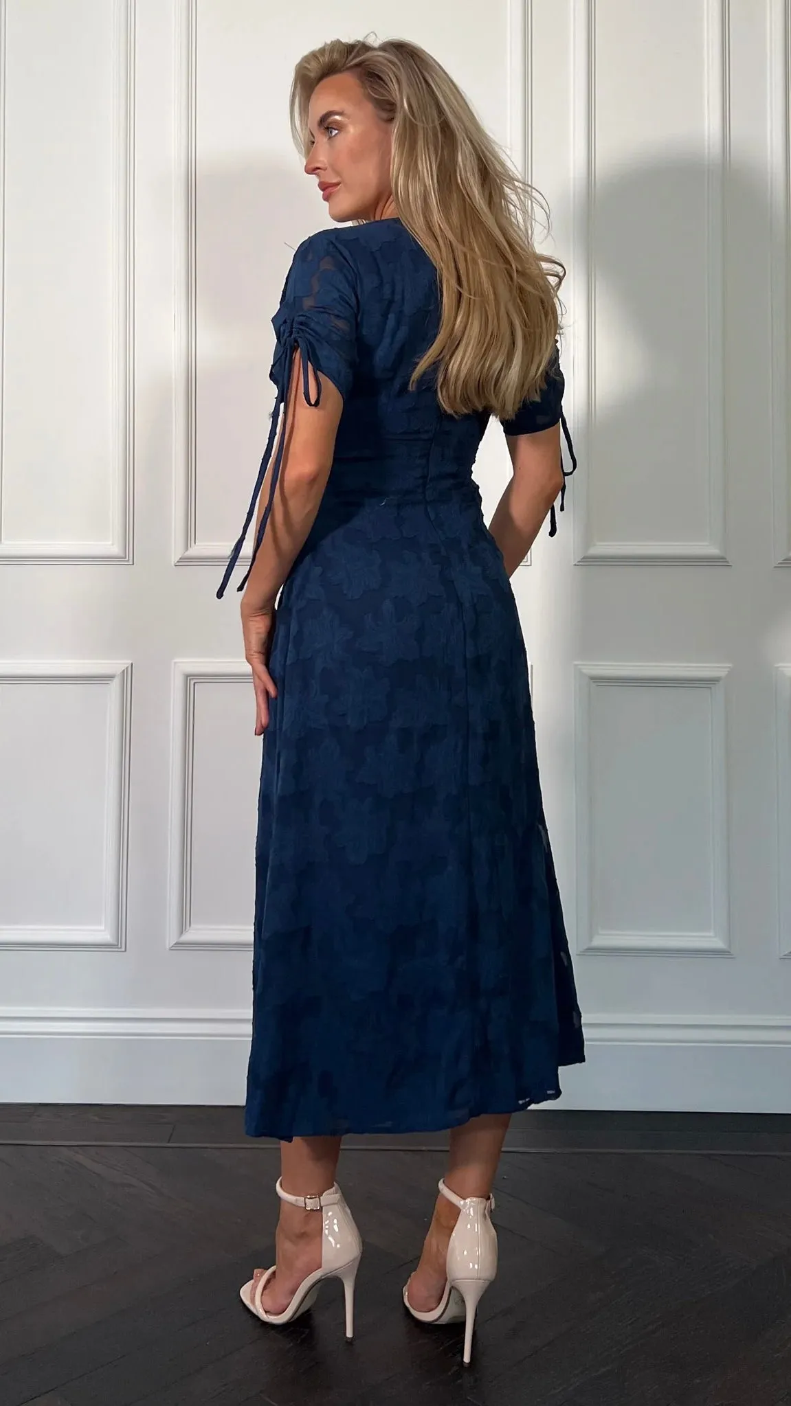 Emiliana Burnout Blue Tie Sleeve Midi Dress