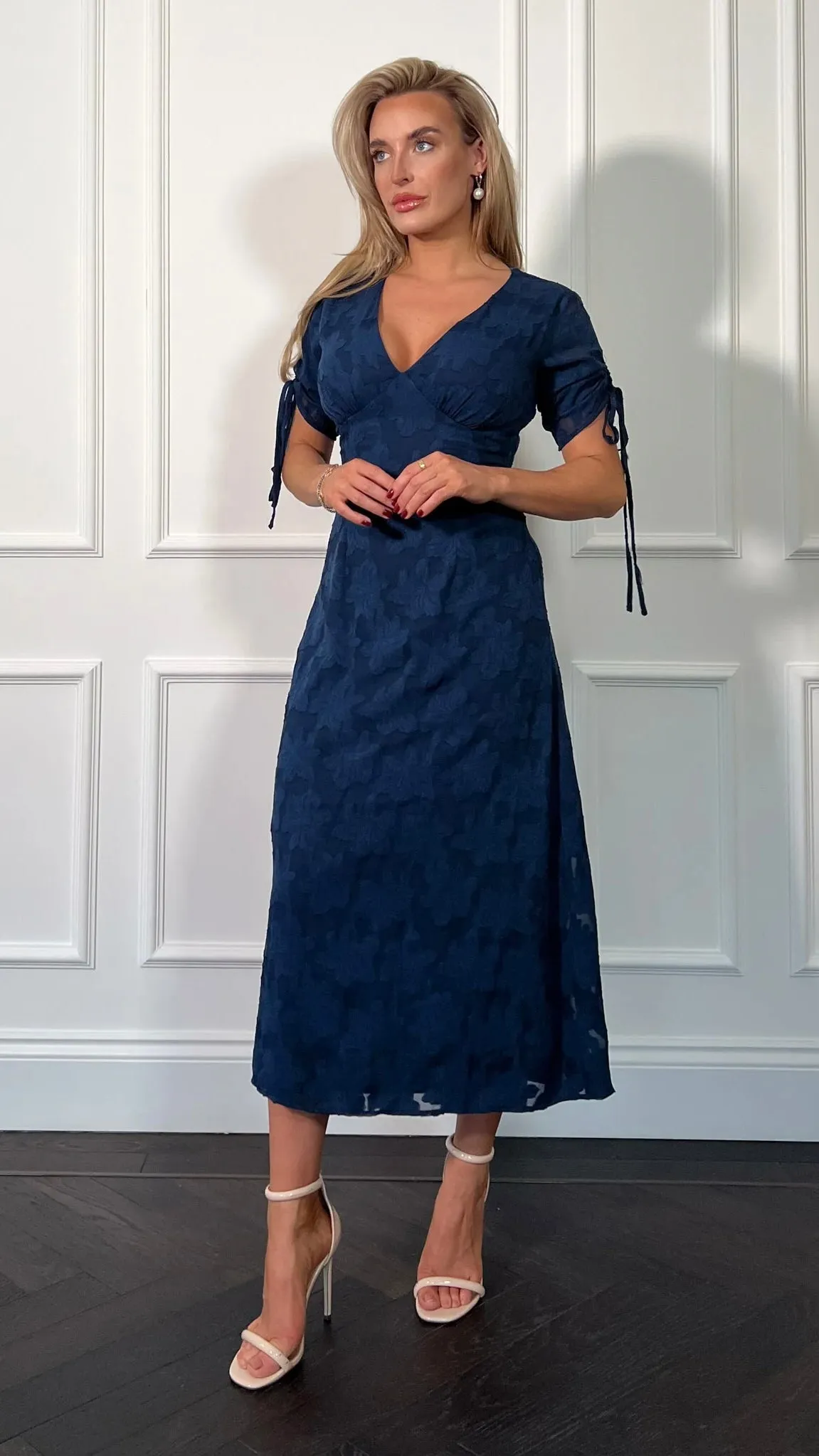 Emiliana Burnout Blue Tie Sleeve Midi Dress