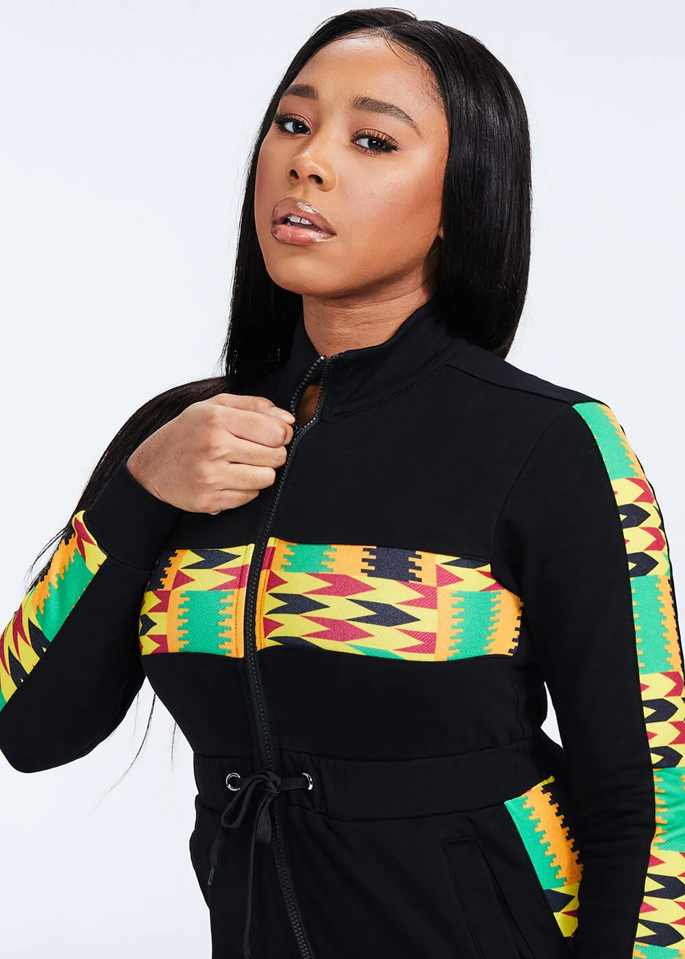 Imuna Women's African Print Color Blocked Zip-Up Jumpsuit (Black/Gold Maroon Kente) - Clearance
