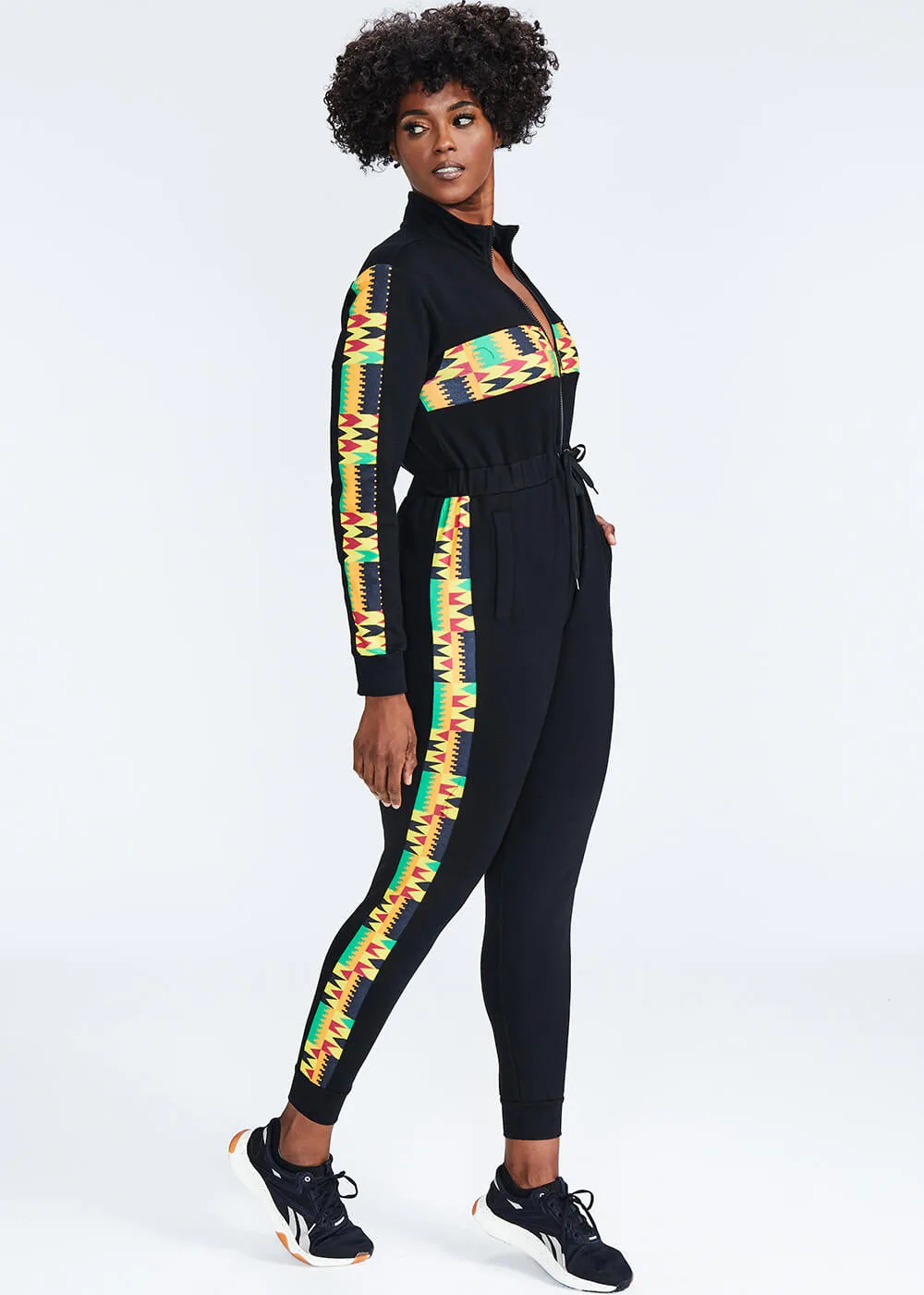 Imuna Women's African Print Color Blocked Zip-Up Jumpsuit (Black/Gold Maroon Kente) - Clearance