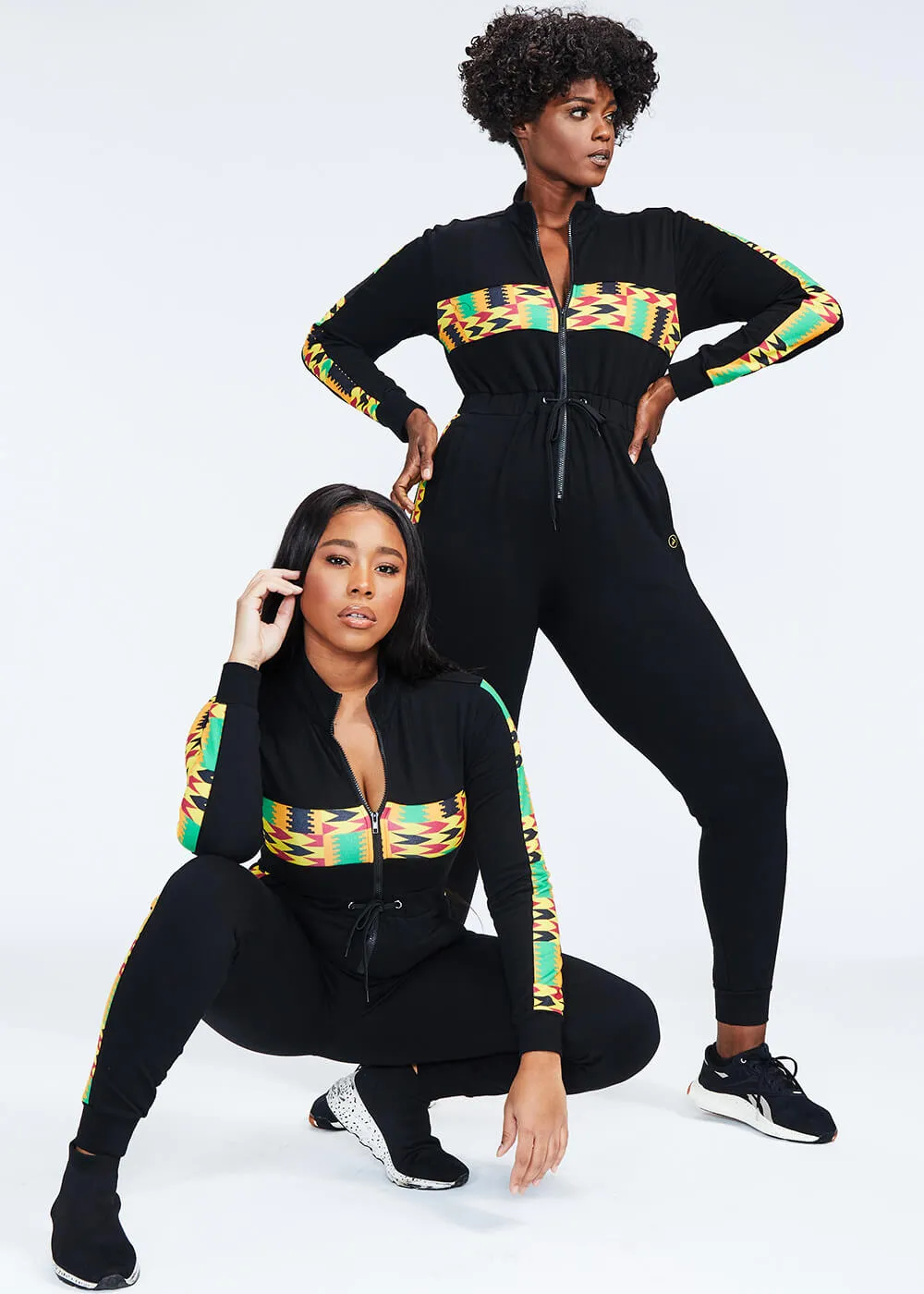 Imuna Women's African Print Color Blocked Zip-Up Jumpsuit (Black/Gold Maroon Kente) - Clearance