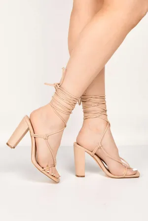 Kirby Toe Post Knot Detail Lace Up Block Heel Sandal in Nude