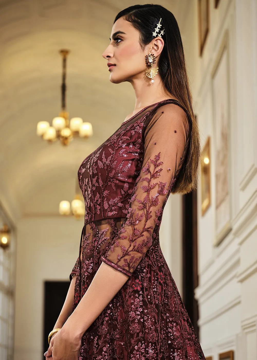 Maroon Lehenga/Pant Style Embroidered Designer Anarkali Suit