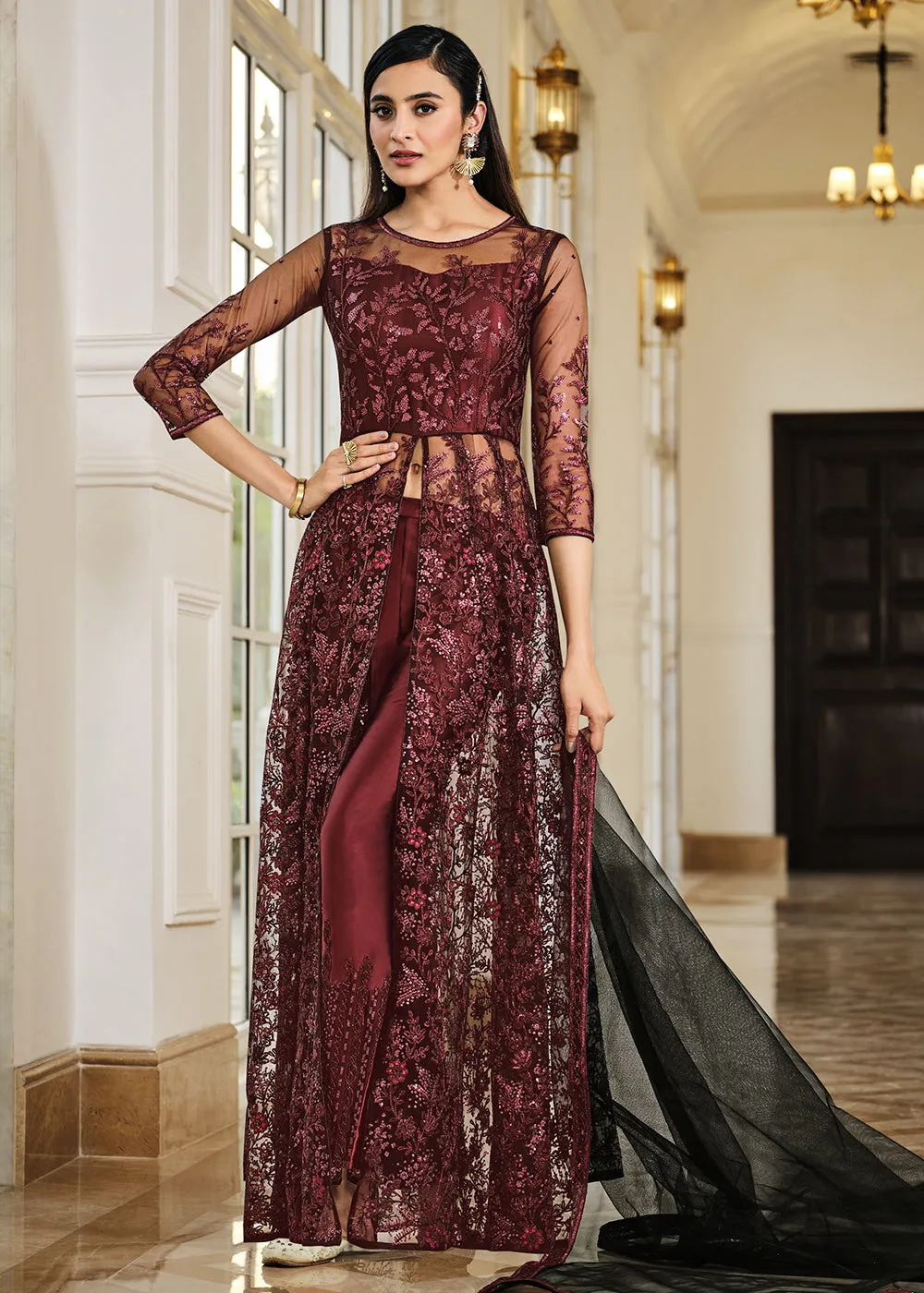 Maroon Lehenga/Pant Style Embroidered Designer Anarkali Suit