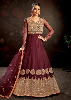 Maroon Sparkly Net Embroidered Designer Anarkali Suit