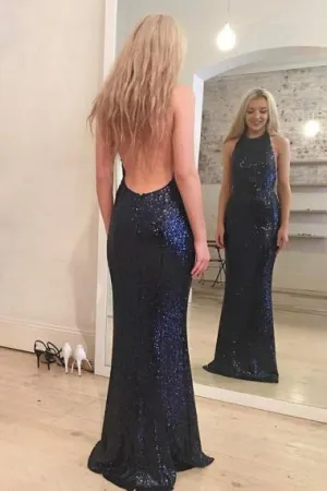 Mermaid Jewel Floor-Length Sleeveless Backless Navy Blue Sequined Prom Dress AHC662