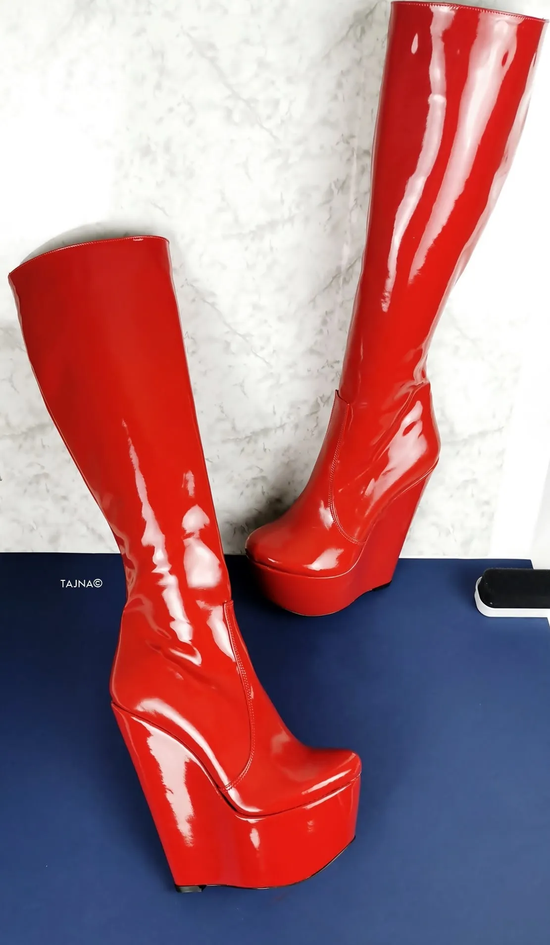 Red Patent High Heel Wedge Long Boots