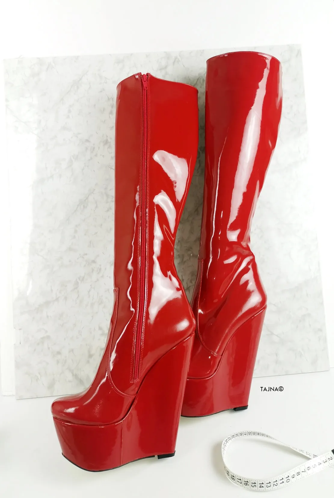 Red Patent High Heel Wedge Long Boots