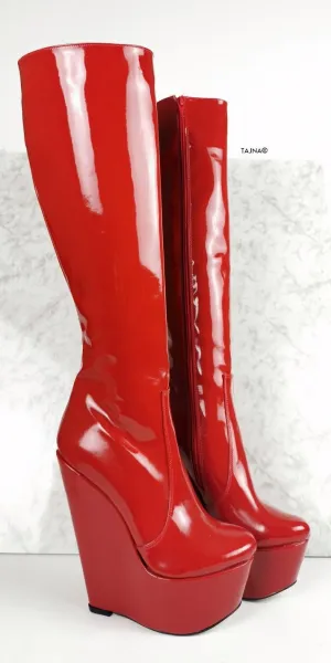 Red Patent High Heel Wedge Long Boots