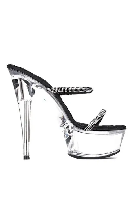 Ria Clear Platform Slip On High Heels With Rhinestone Strap