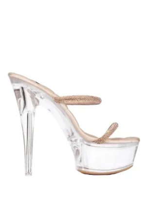 Ria Clear Platform Slip On High Heels With Rhinestone Strap