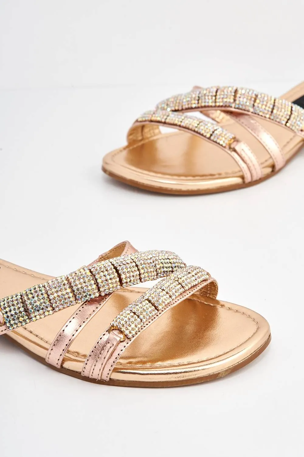 Sani Diamante Embellished Sliders in Gold