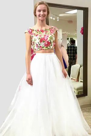Two Piece Bateau Sweep Train White Tulle Sleeveless Open Back Embroidery Prom Dress LR140