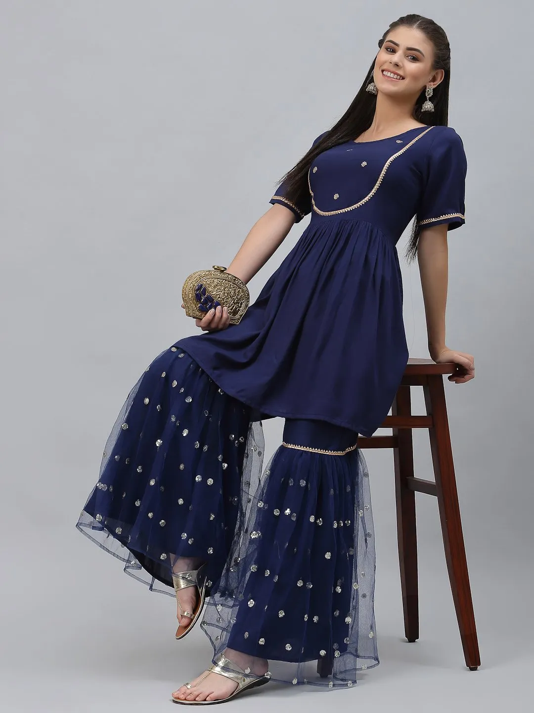 Viscose Sequin Embroidered Short Kurti Sharara Set