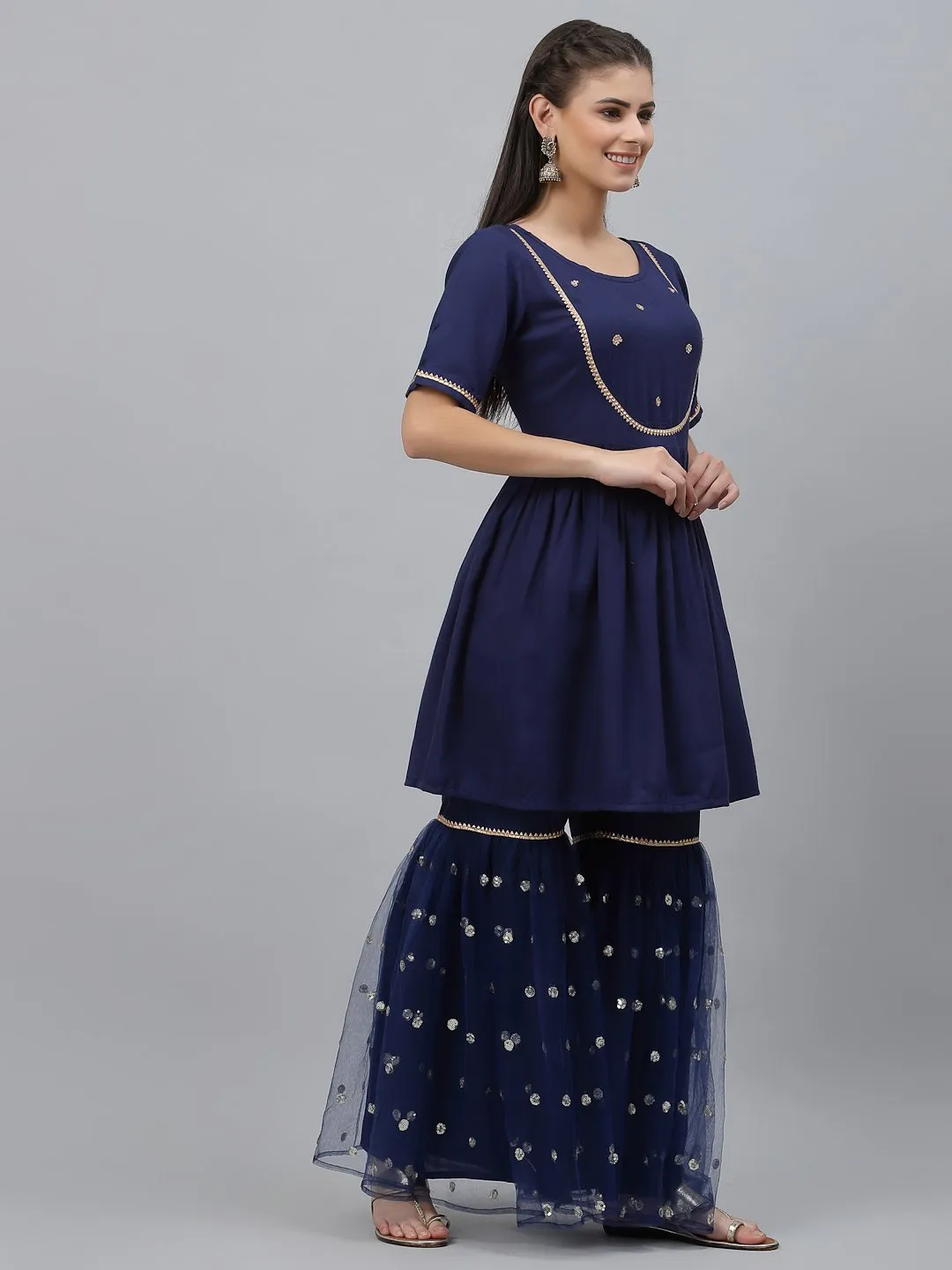 Viscose Sequin Embroidered Short Kurti Sharara Set