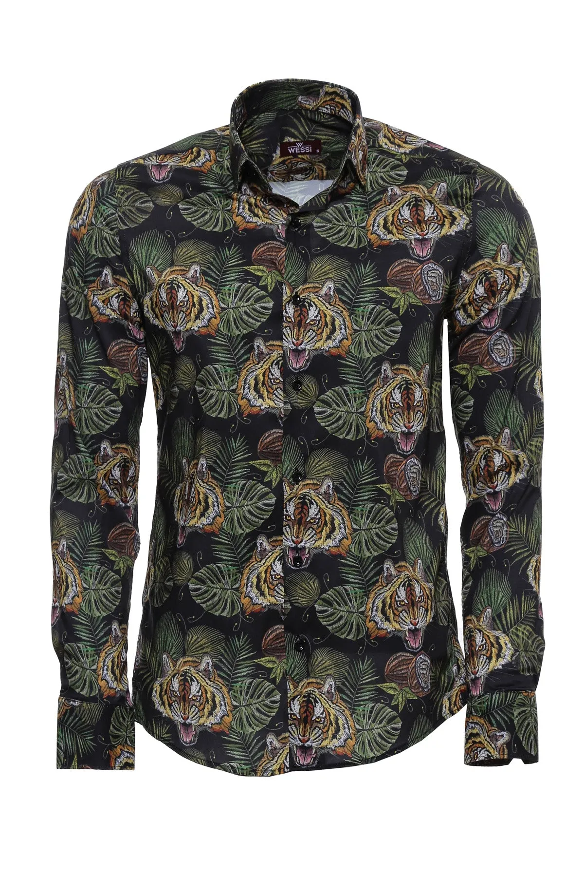 WSS Yellow Black Leaf Patterned Long Sleeves White Men Shirt  - Singen