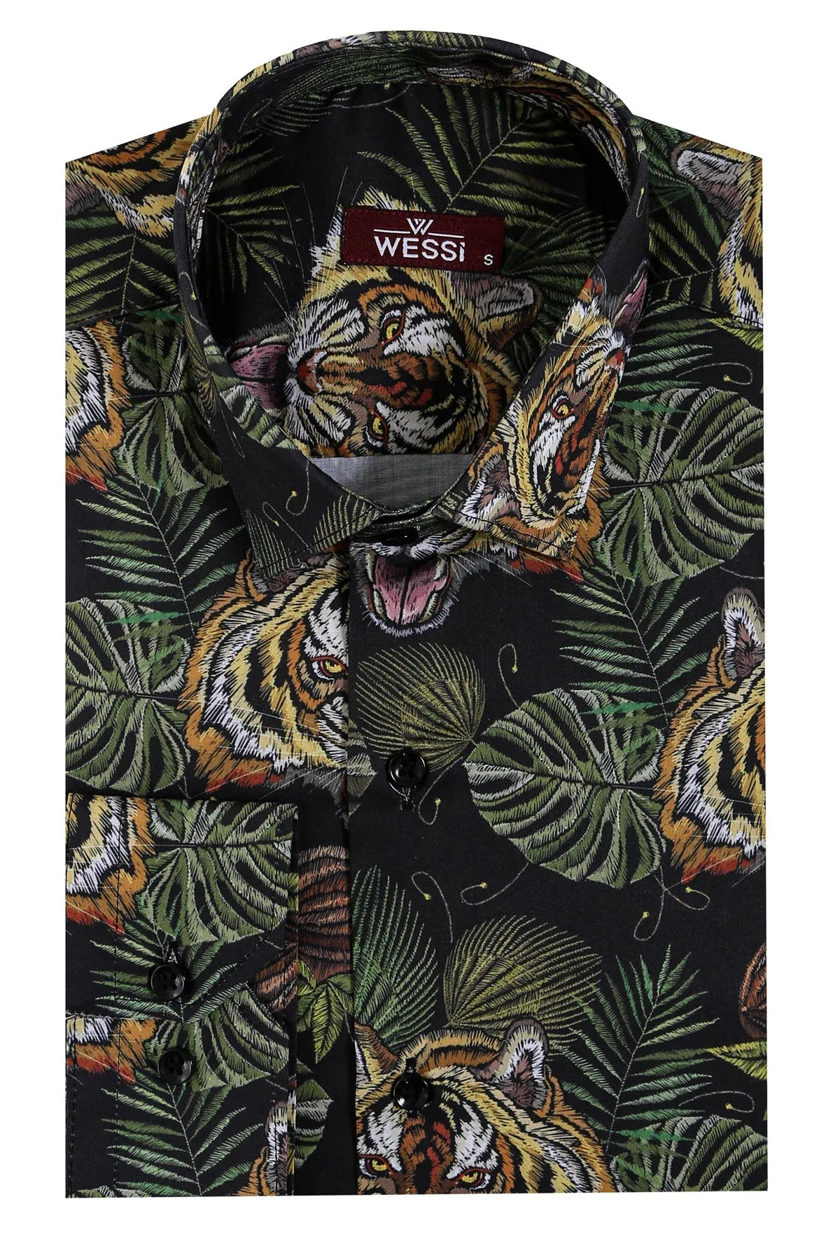 WSS Yellow Black Leaf Patterned Long Sleeves White Men Shirt  - Singen