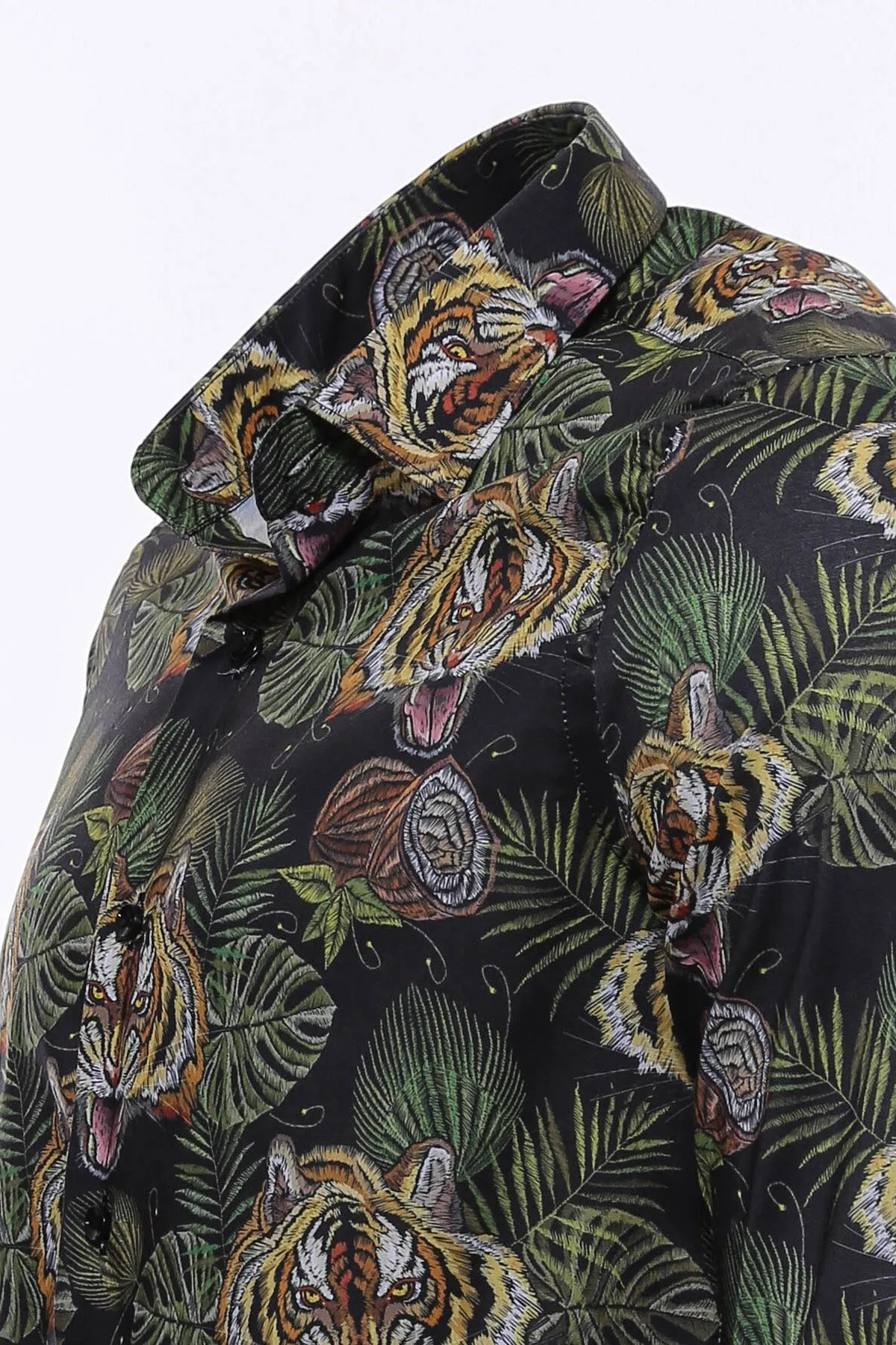 WSS Yellow Black Leaf Patterned Long Sleeves White Men Shirt  - Singen