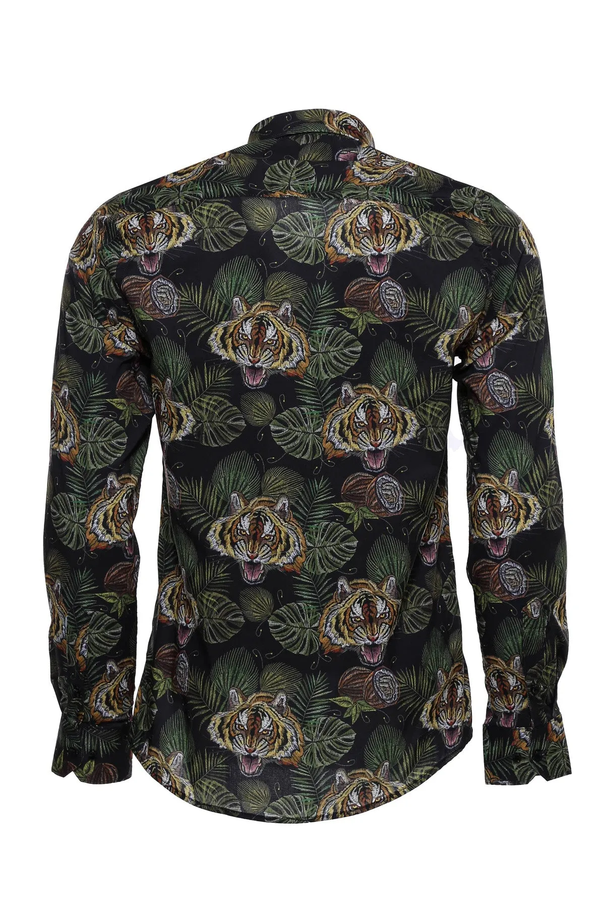 WSS Yellow Black Leaf Patterned Long Sleeves White Men Shirt  - Singen