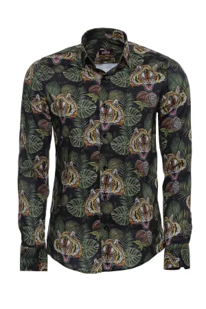 WSS Yellow Black Leaf Patterned Long Sleeves White Men Shirt  - Singen