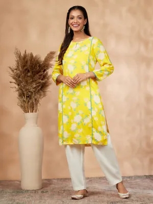 Yellow Floral Print Straight Kurta set