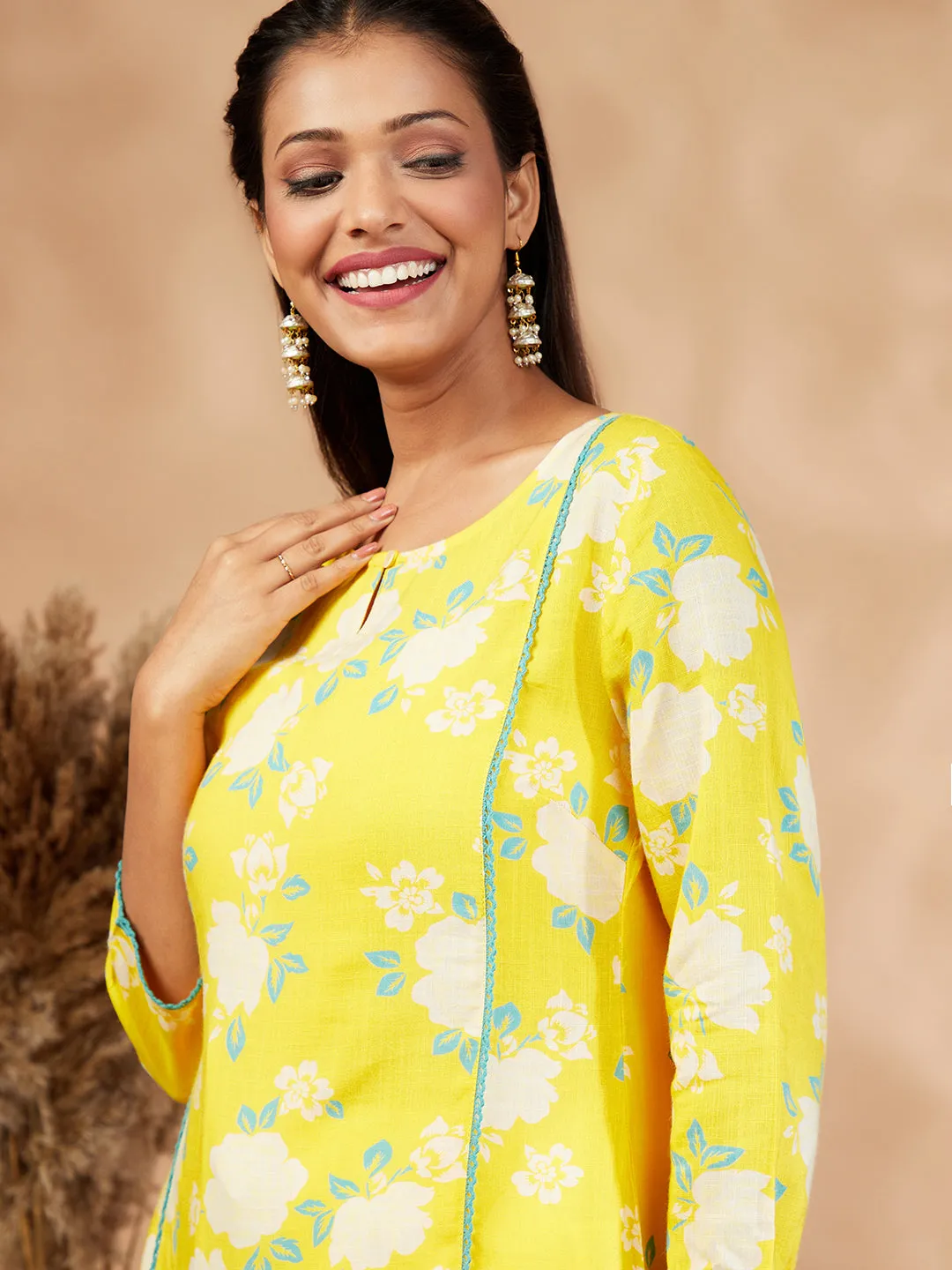 Yellow Floral Print Straight Kurta set